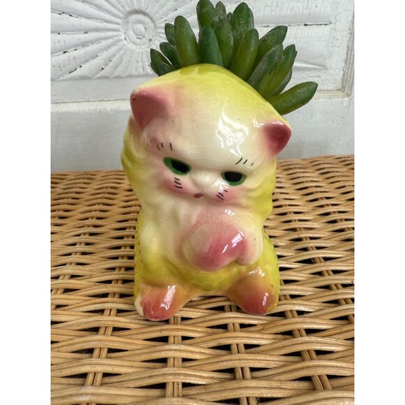 Vintage 50's Yellow Ceramic Cat Kitten Planter Pot Vase Kitsch Retro - Picture 4 of 14